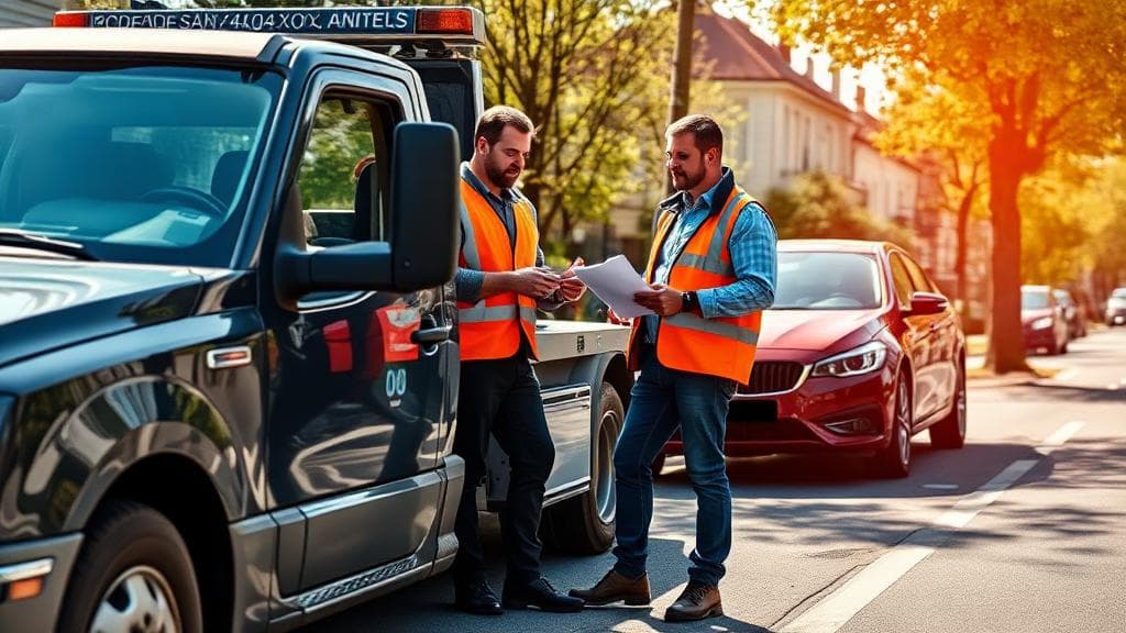 Épaviste professionnel aidant un client avec les documents pour l'enlèvement d'épave