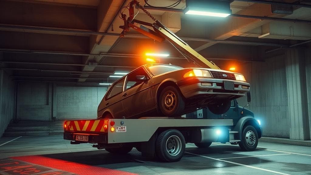 Dépanneuse extrayant une voiture d'un parking souterrain avec gyrophare allumé