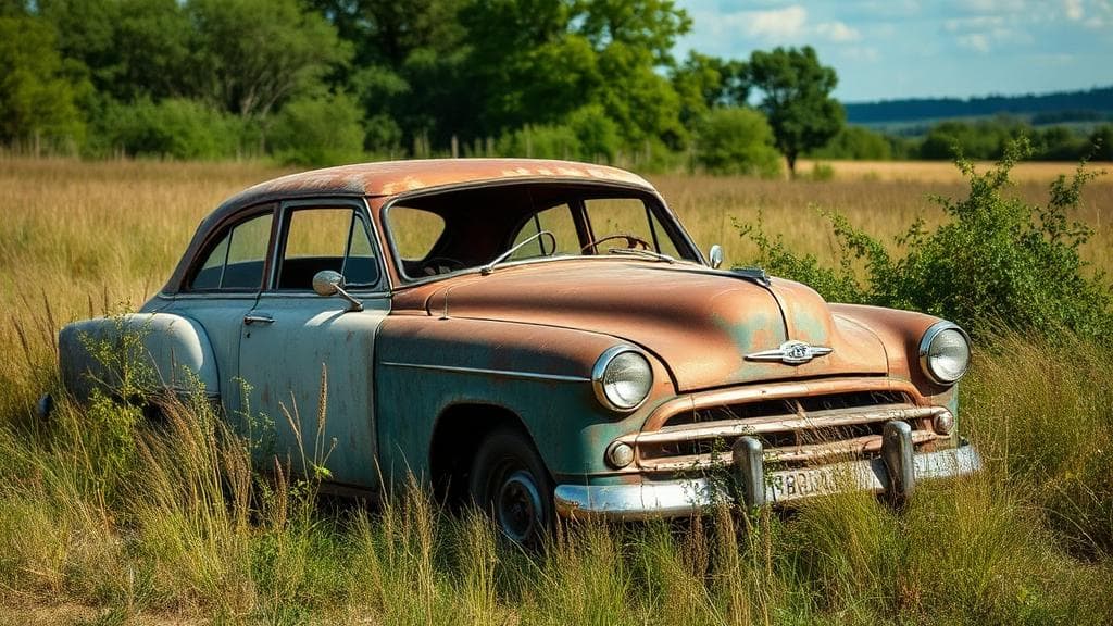 Voiture abandonnée et rouillée sur un terrain privé