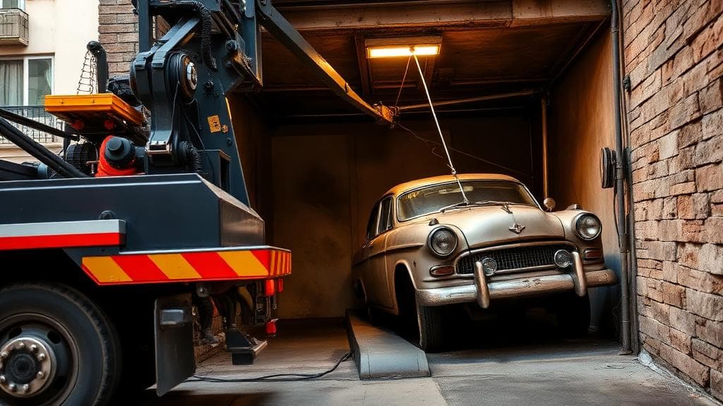 Treuil de dépanneuse extrayant une voiture ancienne d'un garage en sous-sol